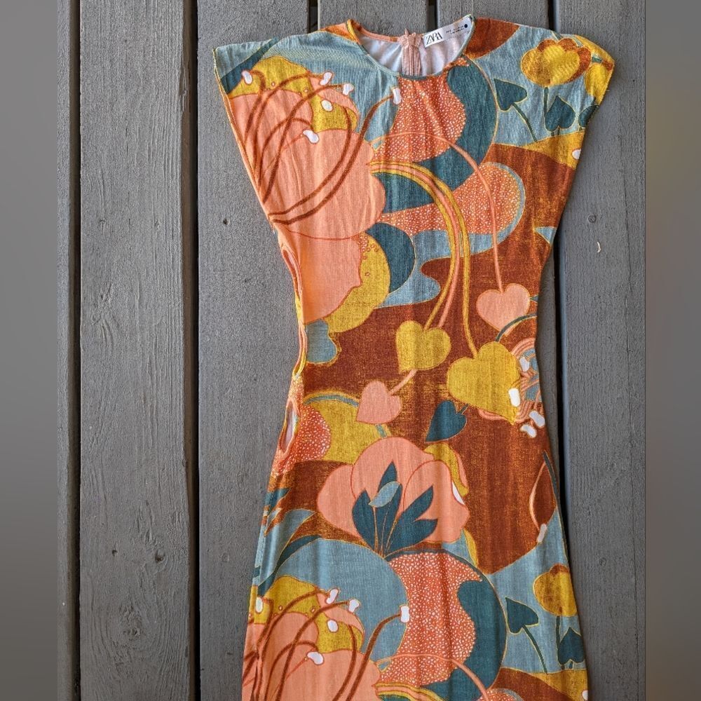 Zara Colorful Retro Floral Maxi Dress, Multicolored‎ Knit Side Cutout Small Size - Picture 8 of 12